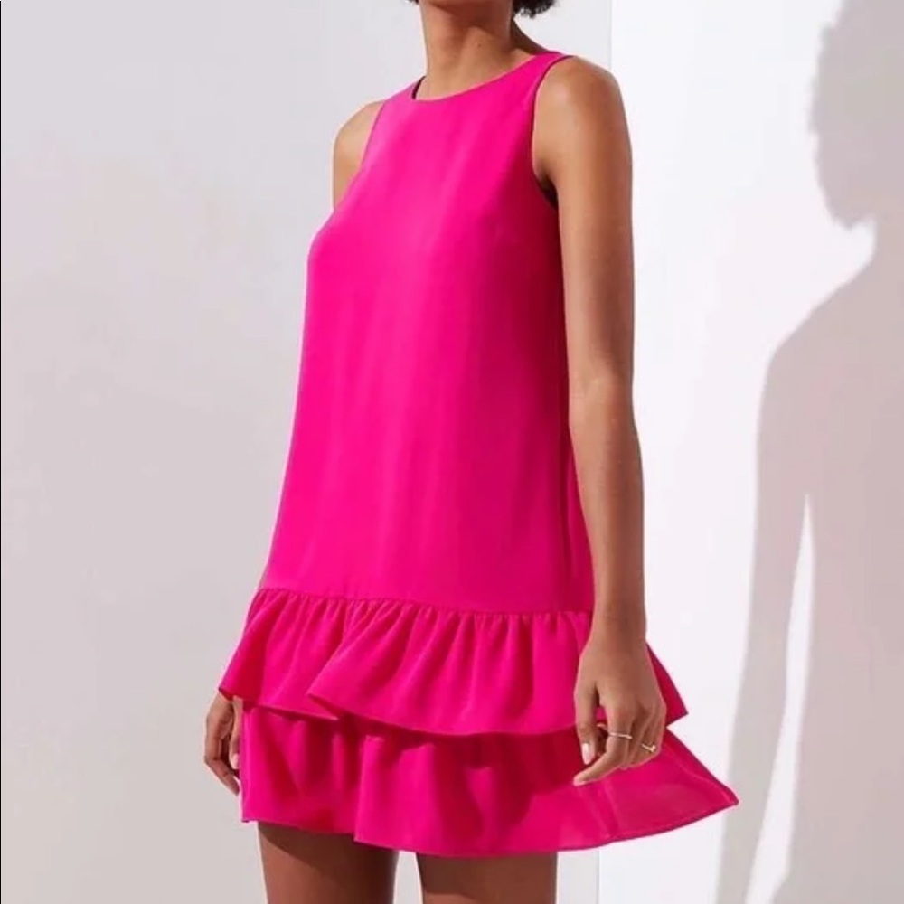 NWT LOFT hot pink sleeveless tiered ruffle dress